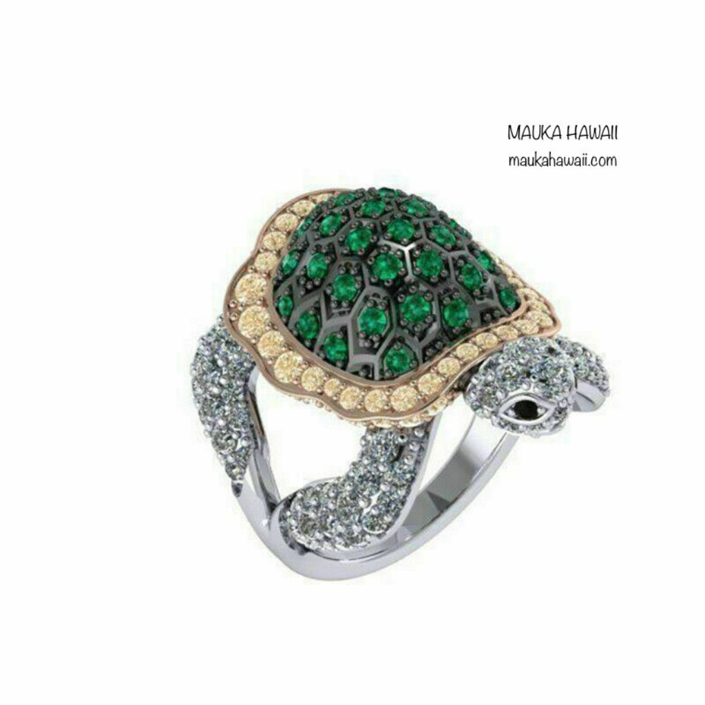 Ocean Turtle Iced Green Gold & Silver Zircon Nature Ring Sizes 9 9 1/2 10